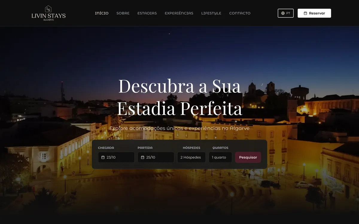 Página inicial do site do Livin Stays Algarve