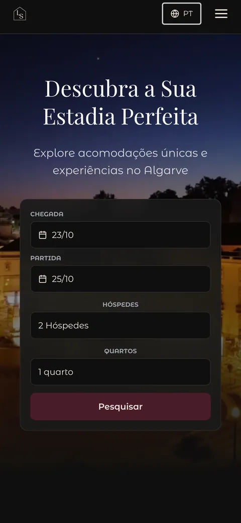 Página inicial do site no telemóvel