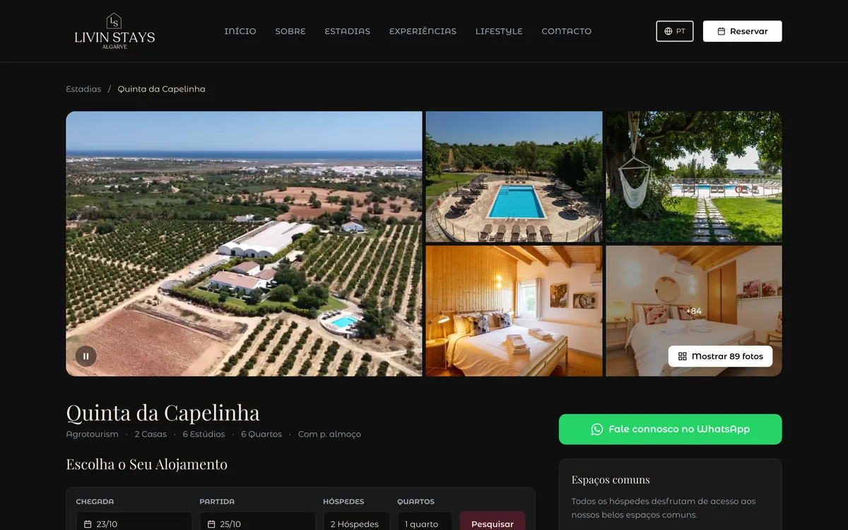 Página da Quinta da Capelinha com galeria e reserva