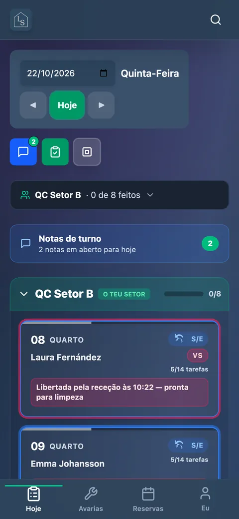 Lista de quartos de uma housekeeper no telemóvel