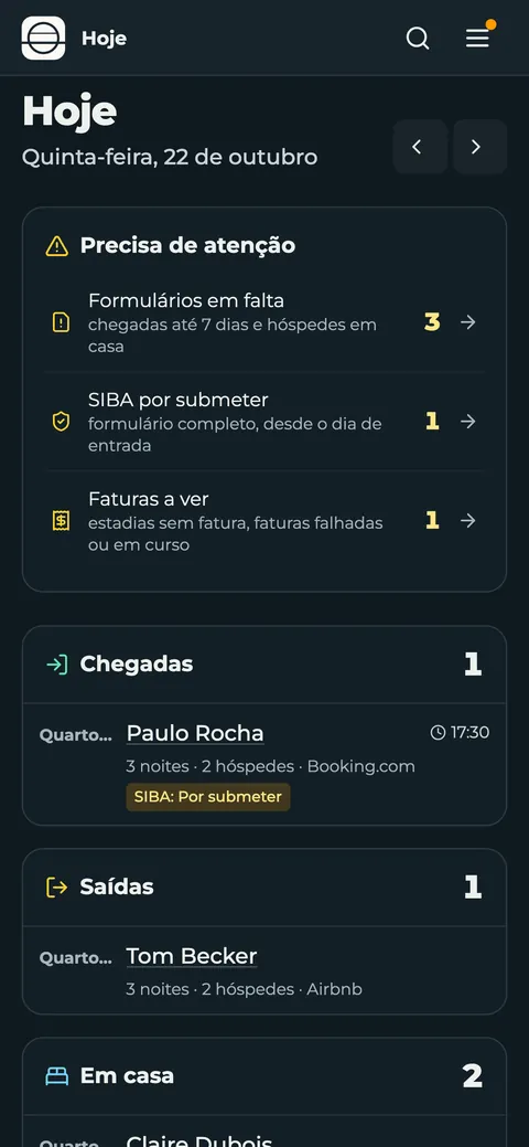 Ecrã «Hoje» com o que precisa de atenção e as chegadas
