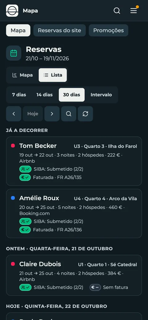Lista de reservas no telemóvel com SIBA e fatura de cada estadia
