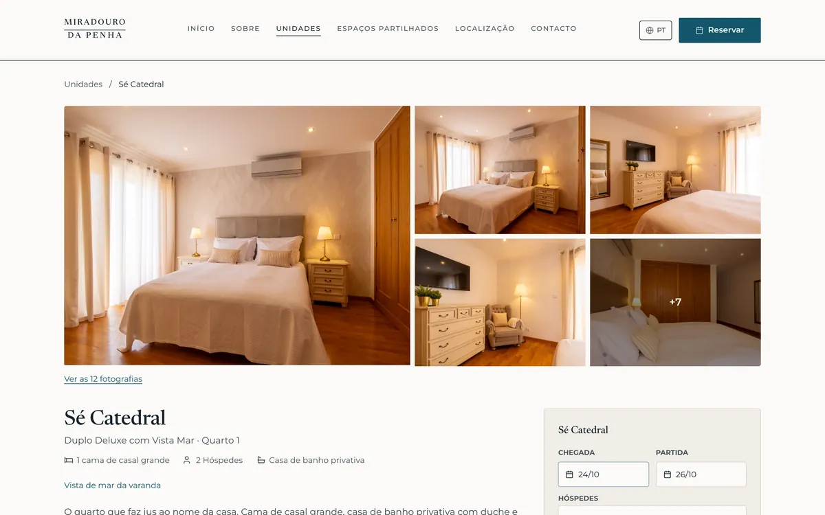 Página de um quarto com galeria e reserva